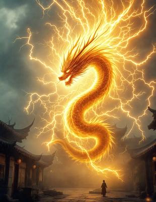 Primary subject: A dragon with a long tail and a fiery mane.

Setting/background: The dragon is in front of a building with a Chinese architectural style.

Visual style: The dragon is depicted as a digital art piece.

Colors and mood: The dragon has a bright orange color, and the overall atmosphere is vibrant and energetic.